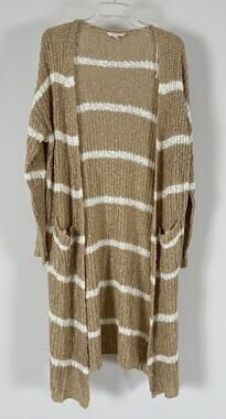 Fashion On Earth Duster Cardigan Women’s Small Tan Cream Stripe Knit
